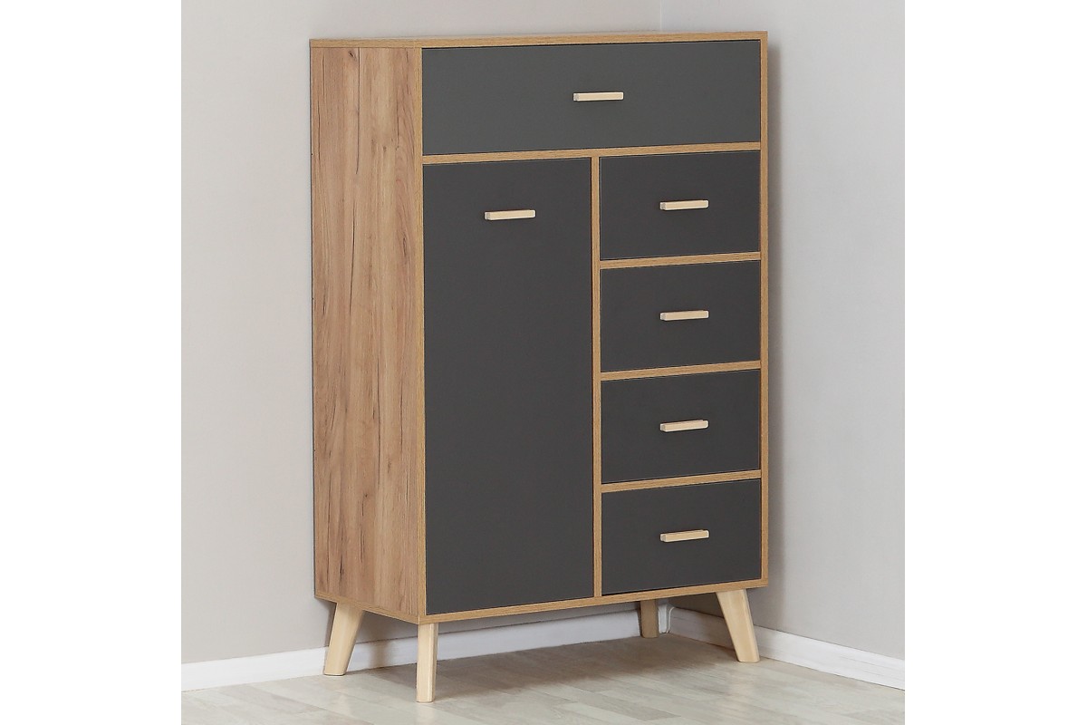 Скандик-3 комод высокий 5 ящиков, 1 дверь графит серый