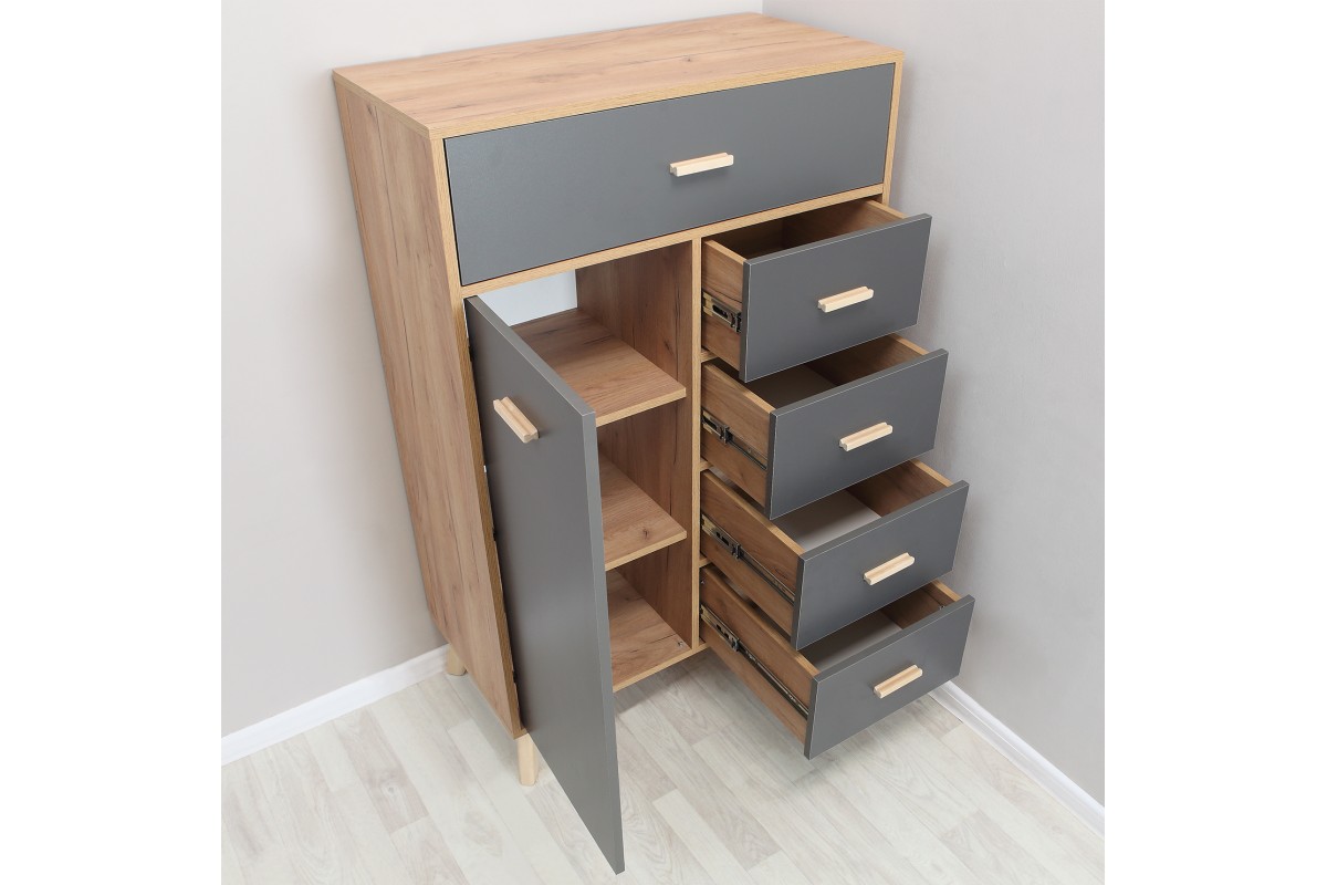 Скандик-3 комод высокий 5 ящиков, 1 дверь графит серый
