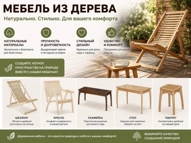 Шезлонги, столы, стулья, кресла и скамьи из дерева