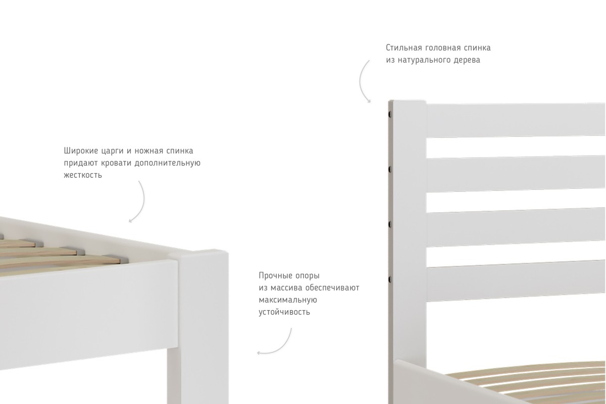 Кровать «Вероника» 140х200 из массива сосны (белый античный) с основанием